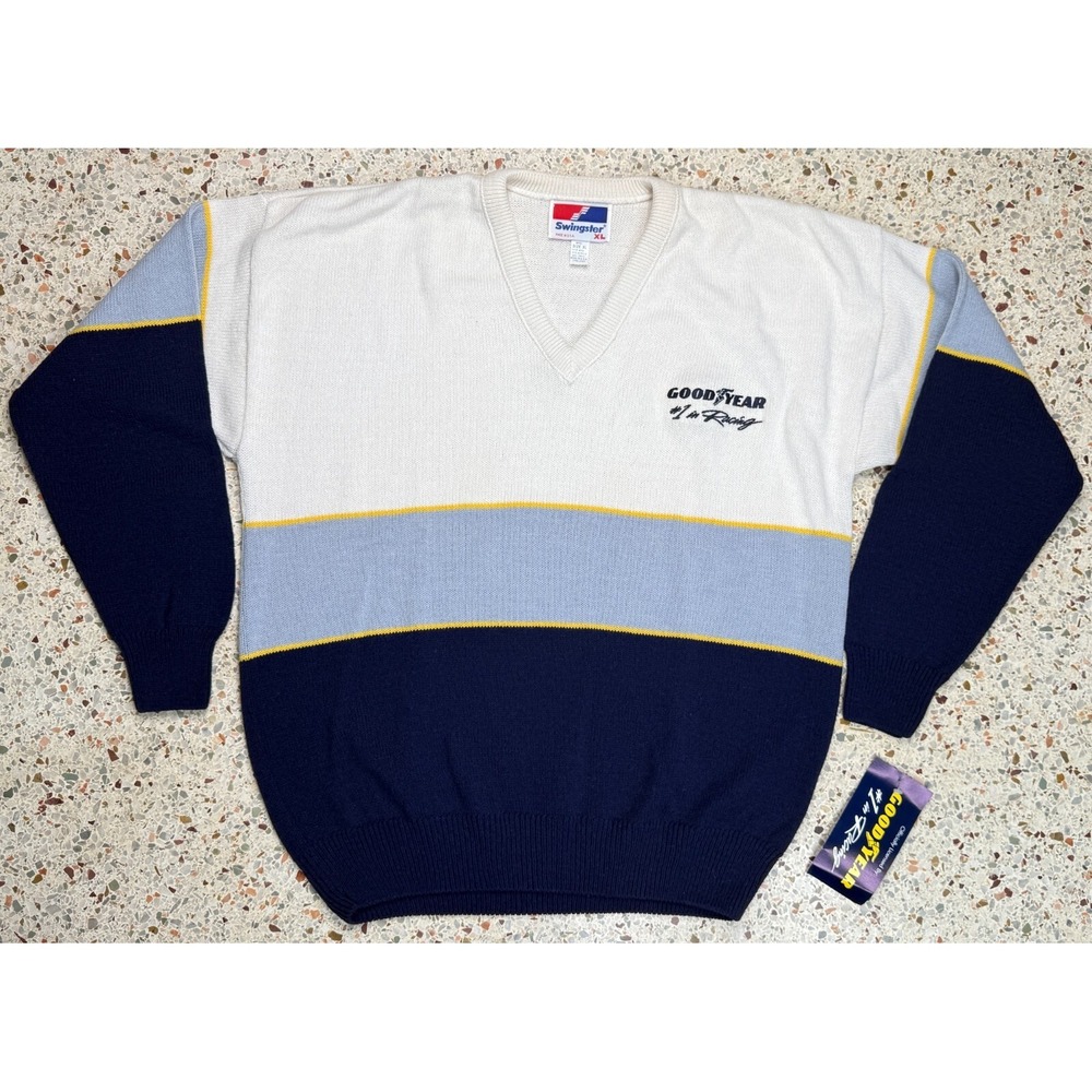 Swingster Goodyear #1 In Racing Vintage Men's V-Neck Sweater Made In USA Size XL